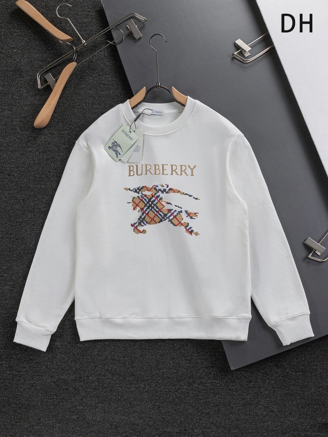 Burberry Hoodies & Sweatshirts Zip-Up Hoodie with Check-Lined Hood and Equestrian Knight Embroidery — 33