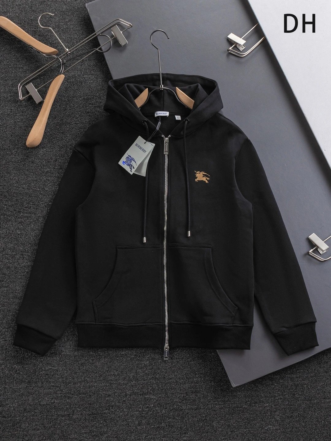 Burberry Hoodies & Sweatshirts Zip-Up Hoodie with Check-Lined Hood and Equestrian Knight Embroidery — 28