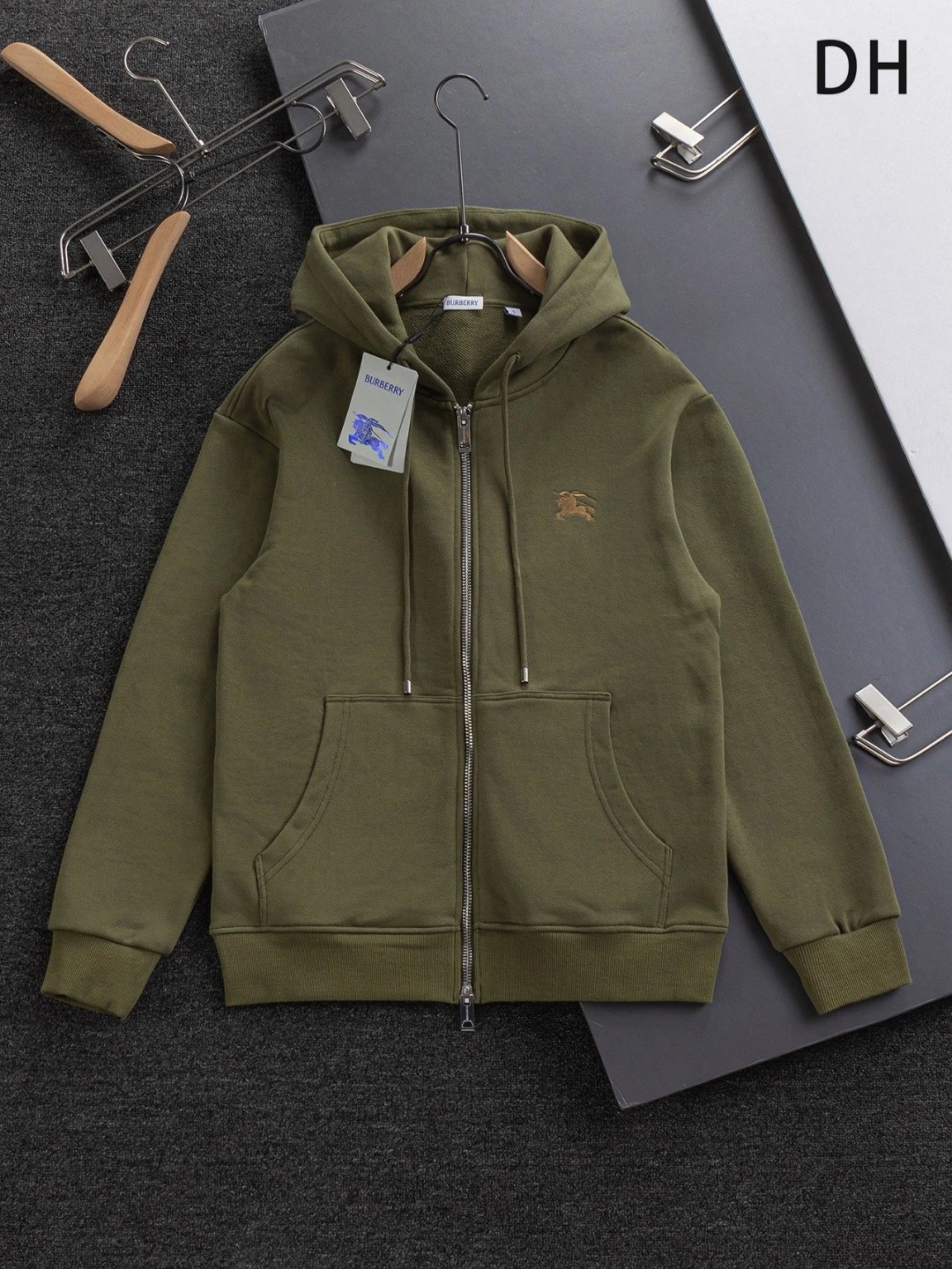 Burberry Hoodies & Sweatshirts Zip-Up Hoodie with Check-Lined Hood and Equestrian Knight Embroidery — 24