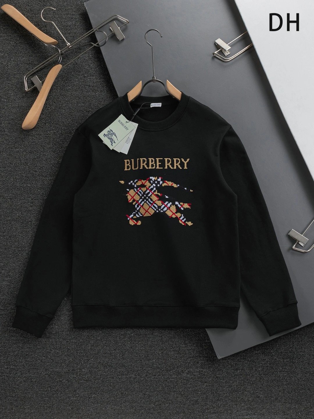 Burberry Hoodies & Sweatshirts Zip-Up Hoodie with Check-Lined Hood and Equestrian Knight Embroidery — 36