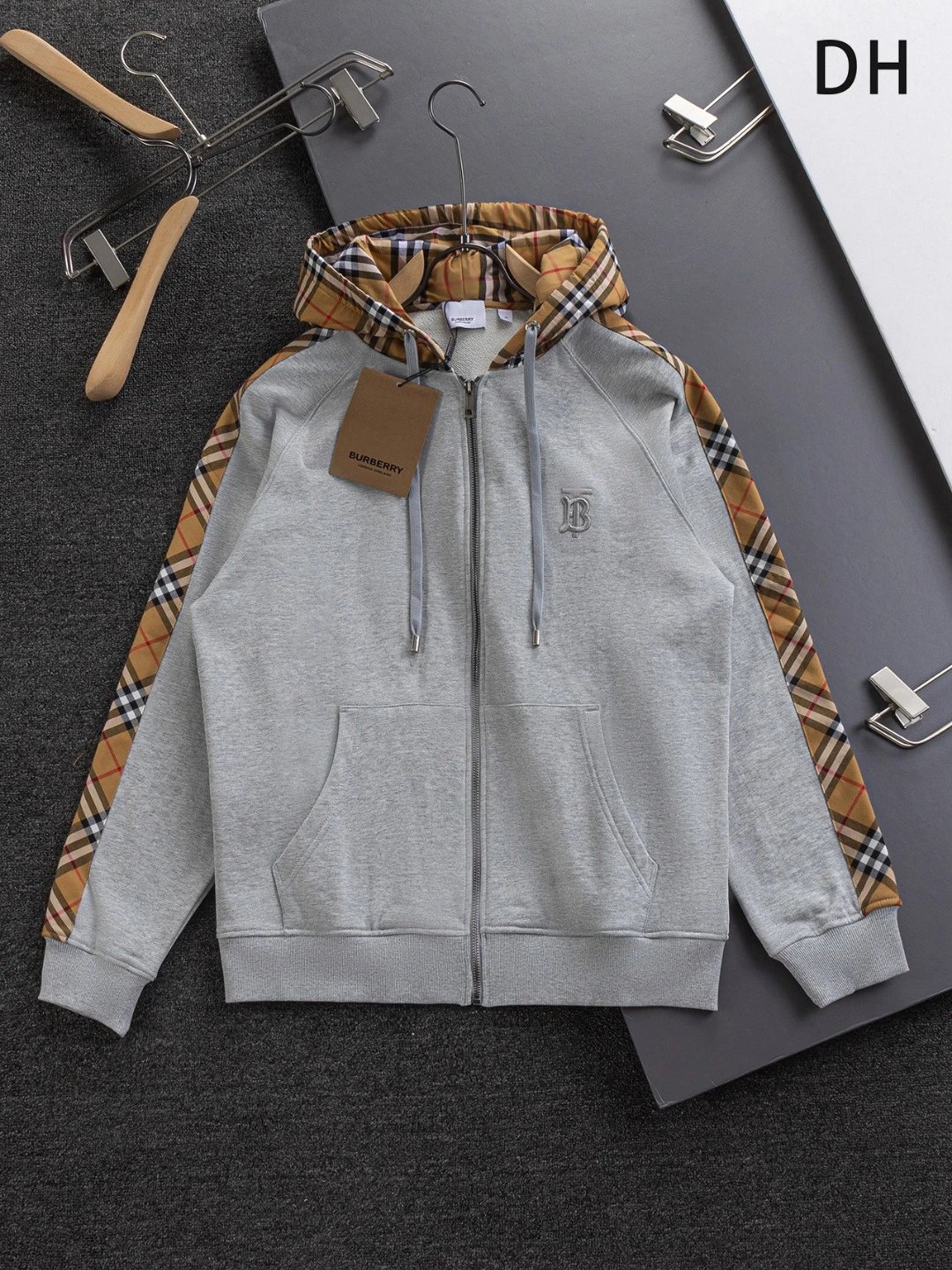 Burberry Hoodies & Sweatshirts Zip-Up Hoodie with Check-Lined Hood and Equestrian Knight Embroidery — 22