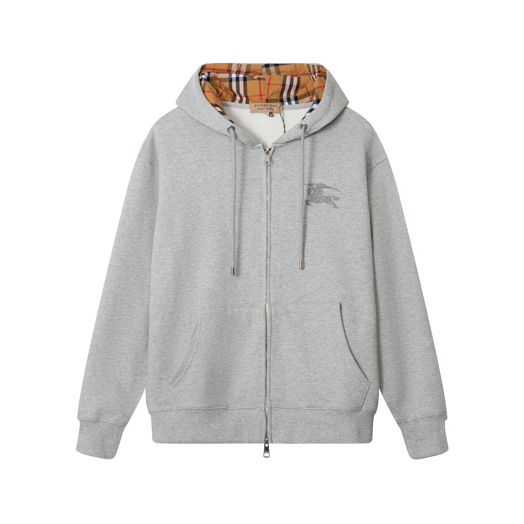 Burberry Hoodies & Sweatshirts Zip-Up Hoodie with Check-Lined Hood and Equestrian Knight Embroidery — 03