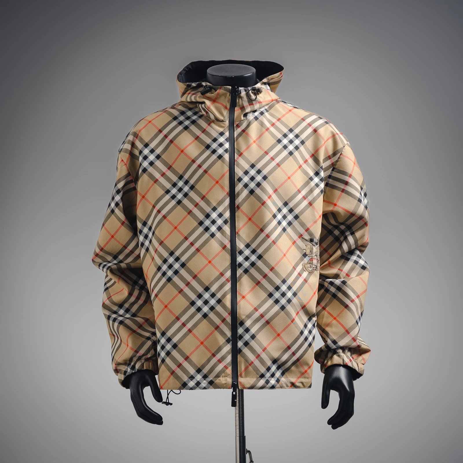 Burberry Jackets Hooded check windbreaker jacket with embroidered Equestrian Knight Design — 01