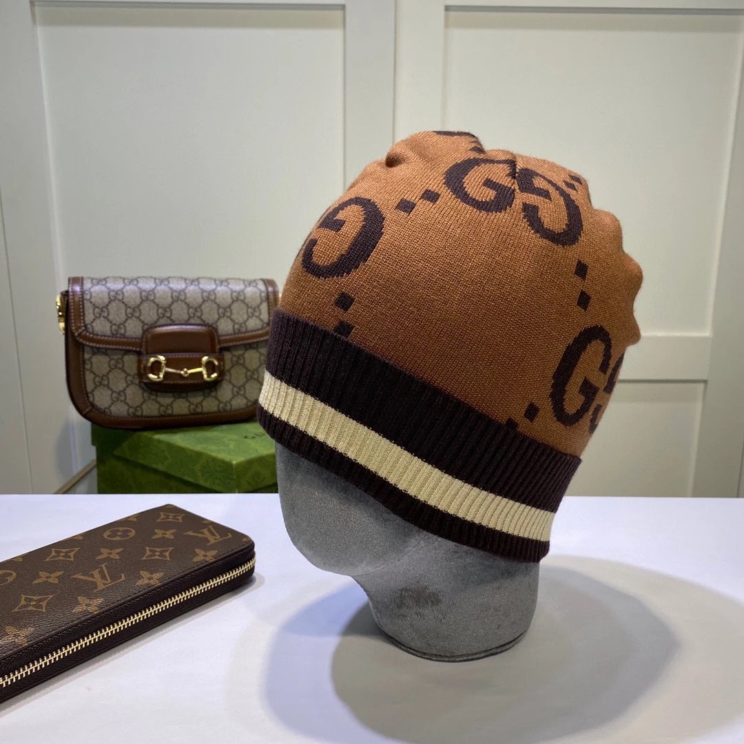 Gucci Hats GG Monogram Striped Cuff Knit Beanie — 02