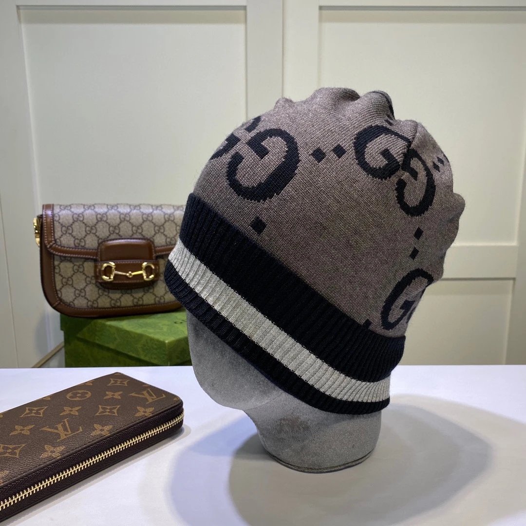 Gucci Hats GG Monogram Striped Cuff Knit Beanie — 03