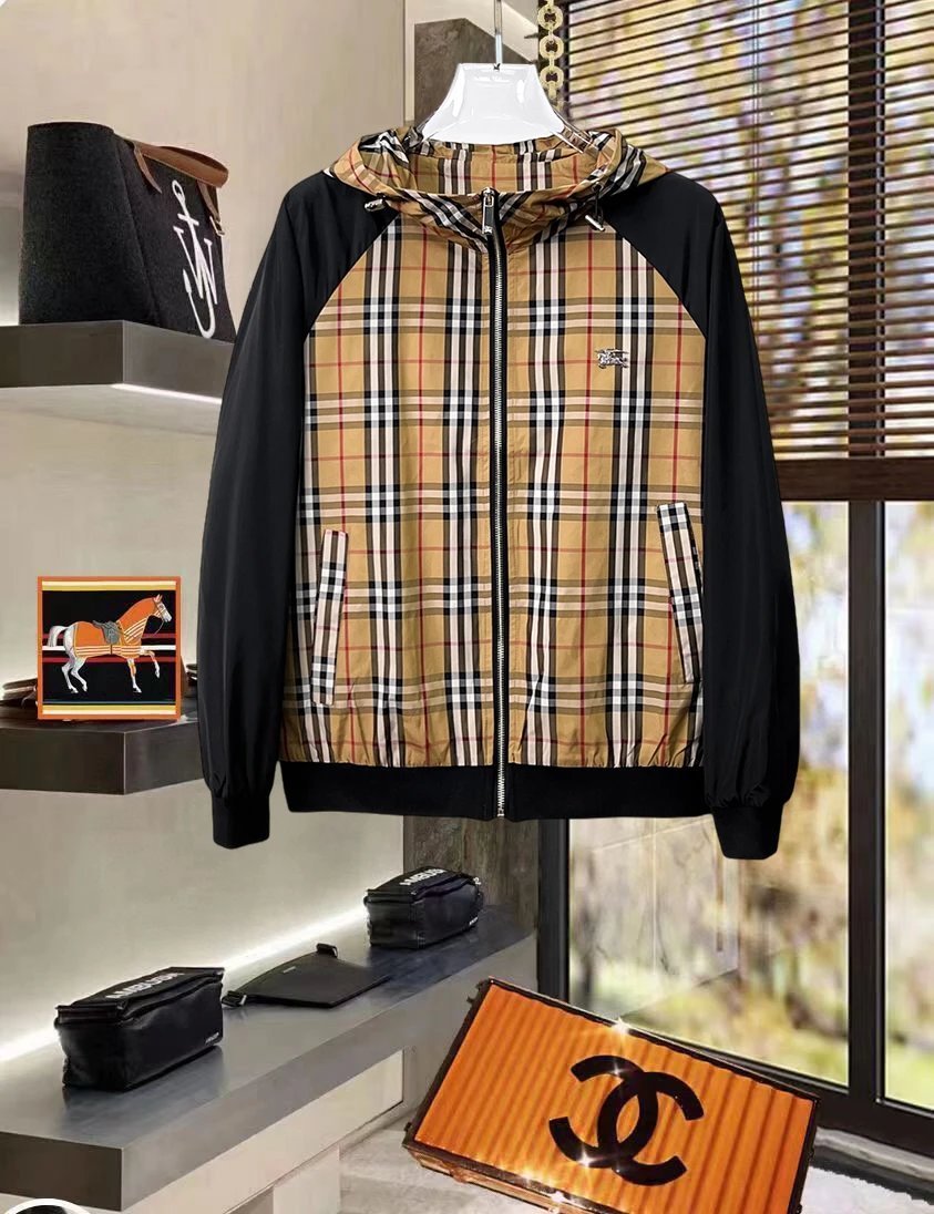 Burberry Jackets Hooded check windbreaker jacket with embroidered Equestrian Knight Design — 09