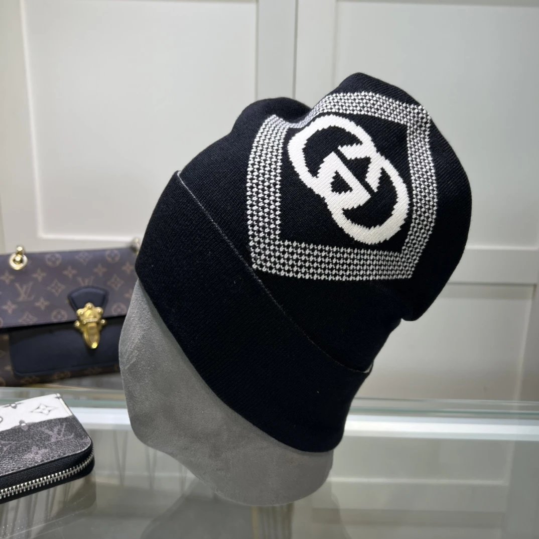 Gucci Hats GG Monogram Striped Cuff Knit Beanie — 37