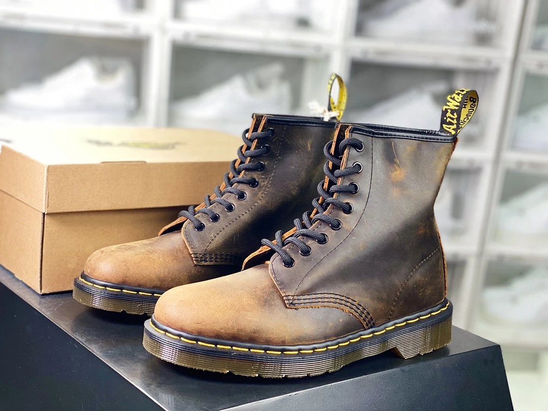 Dr. Martens Boots 8-eye lace-up ankle with yellow welt stitching image 2