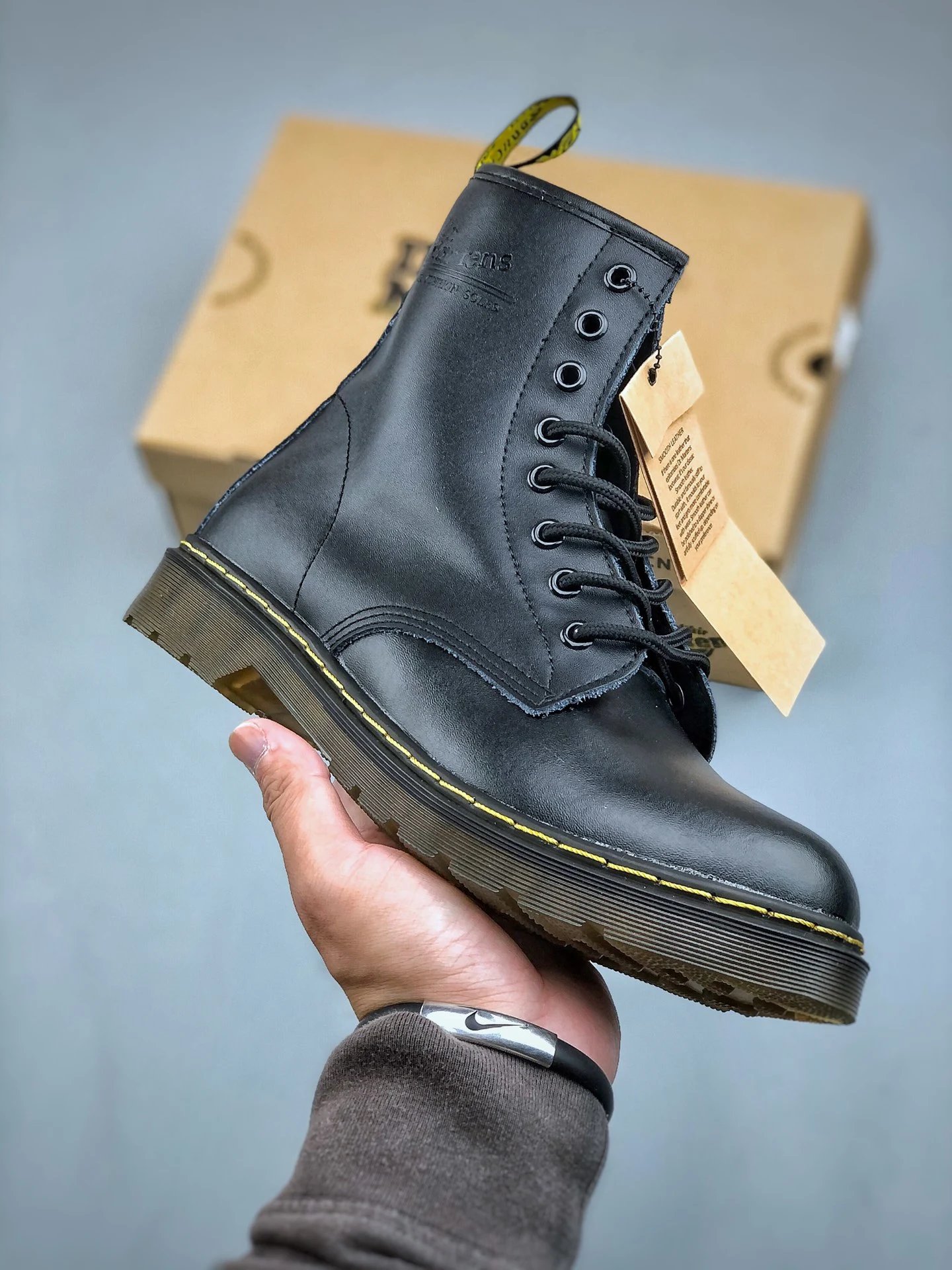 Dr. Martens Boots 8-eye lace-up ankle with yellow welt stitching — 03