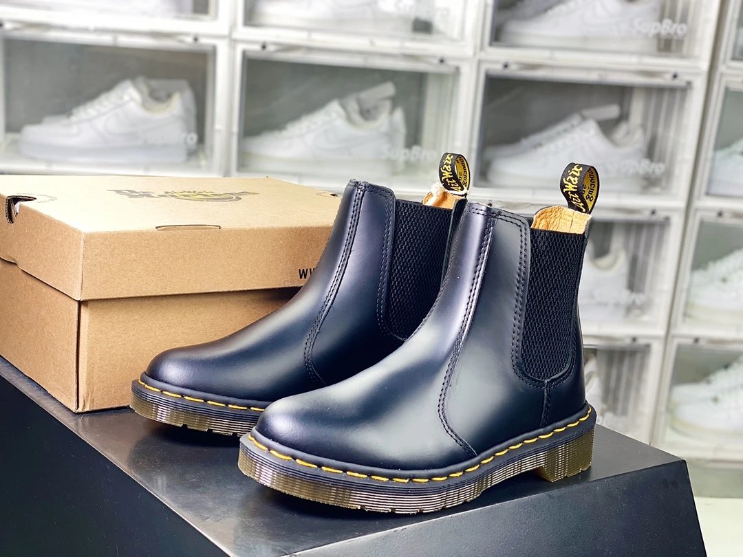 Dr. Martens Boots 8-eye lace-up ankle with yellow welt stitching — 12