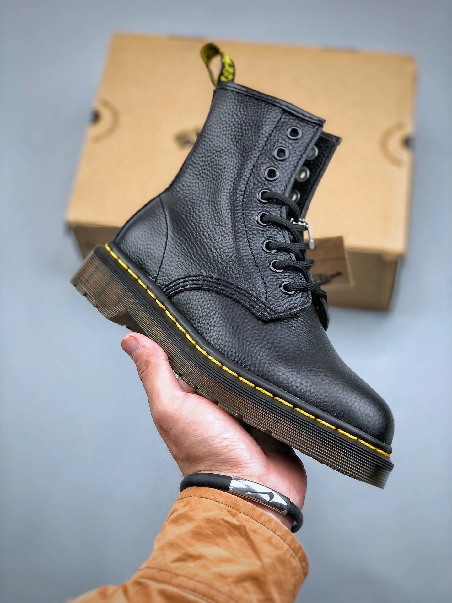 Dr. Martens Boots 8-eye lace-up ankle with yellow welt stitching — 07
