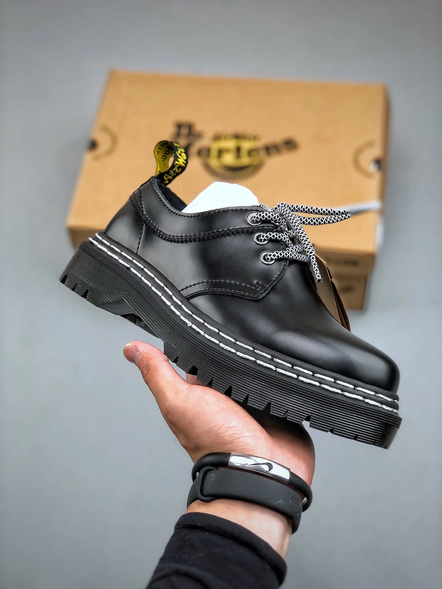 Dr. Martens Boots 8-eye lace-up ankle with yellow welt stitching — 05