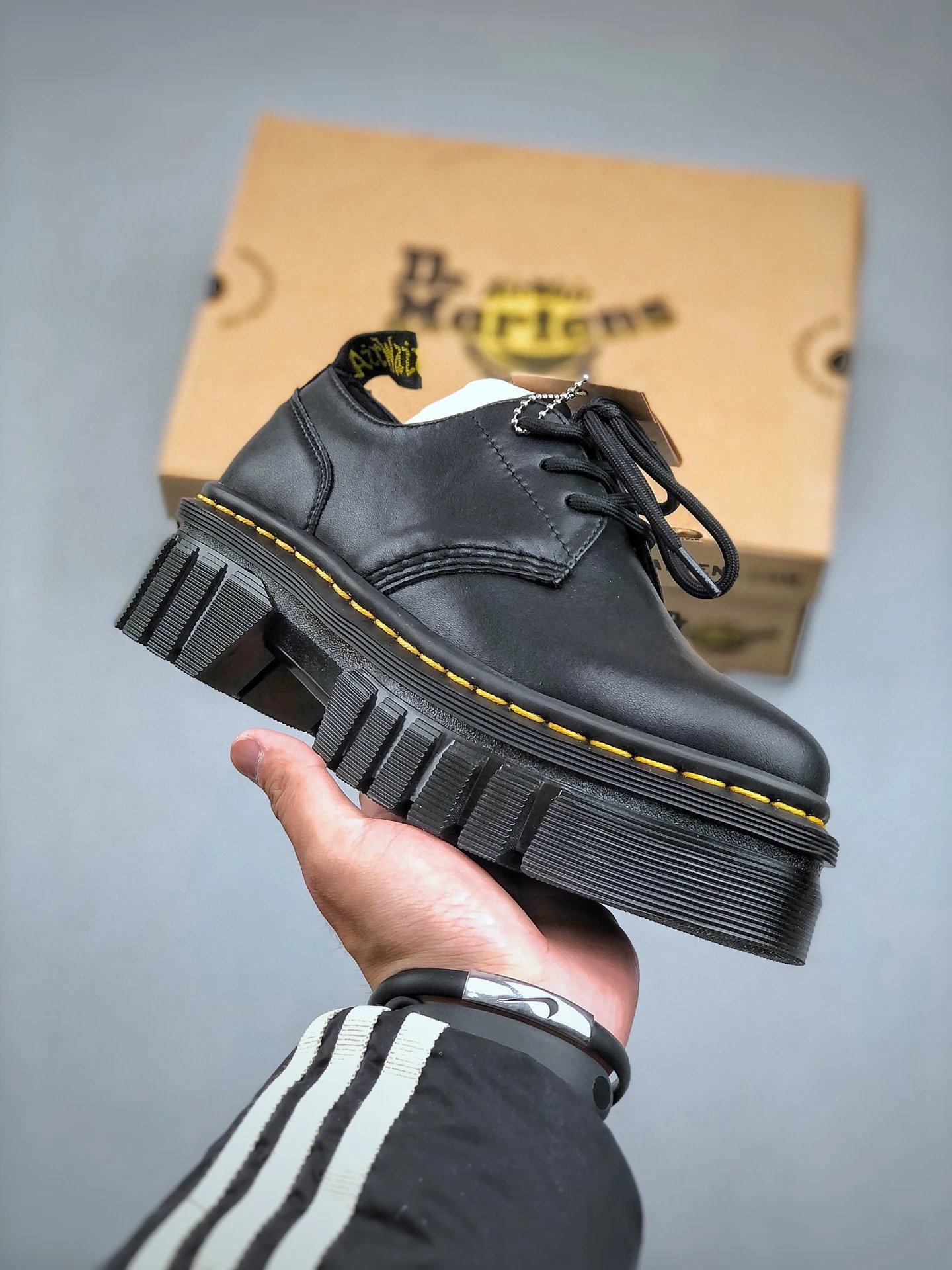 Dr. Martens Boots 8-eye lace-up ankle with yellow welt stitching — 06