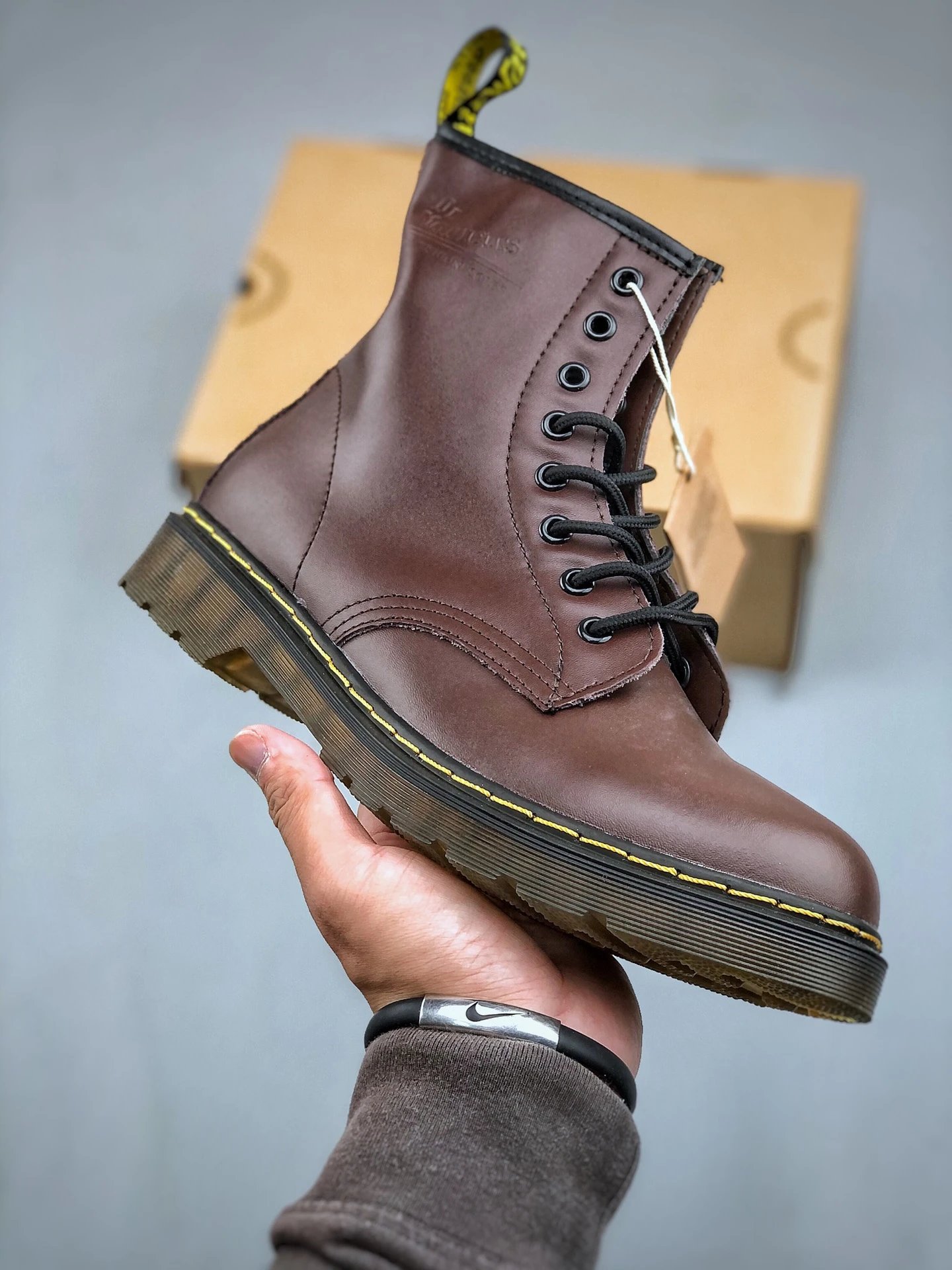 Dr. Martens Boots 8-eye lace-up ankle with yellow welt stitching — 04