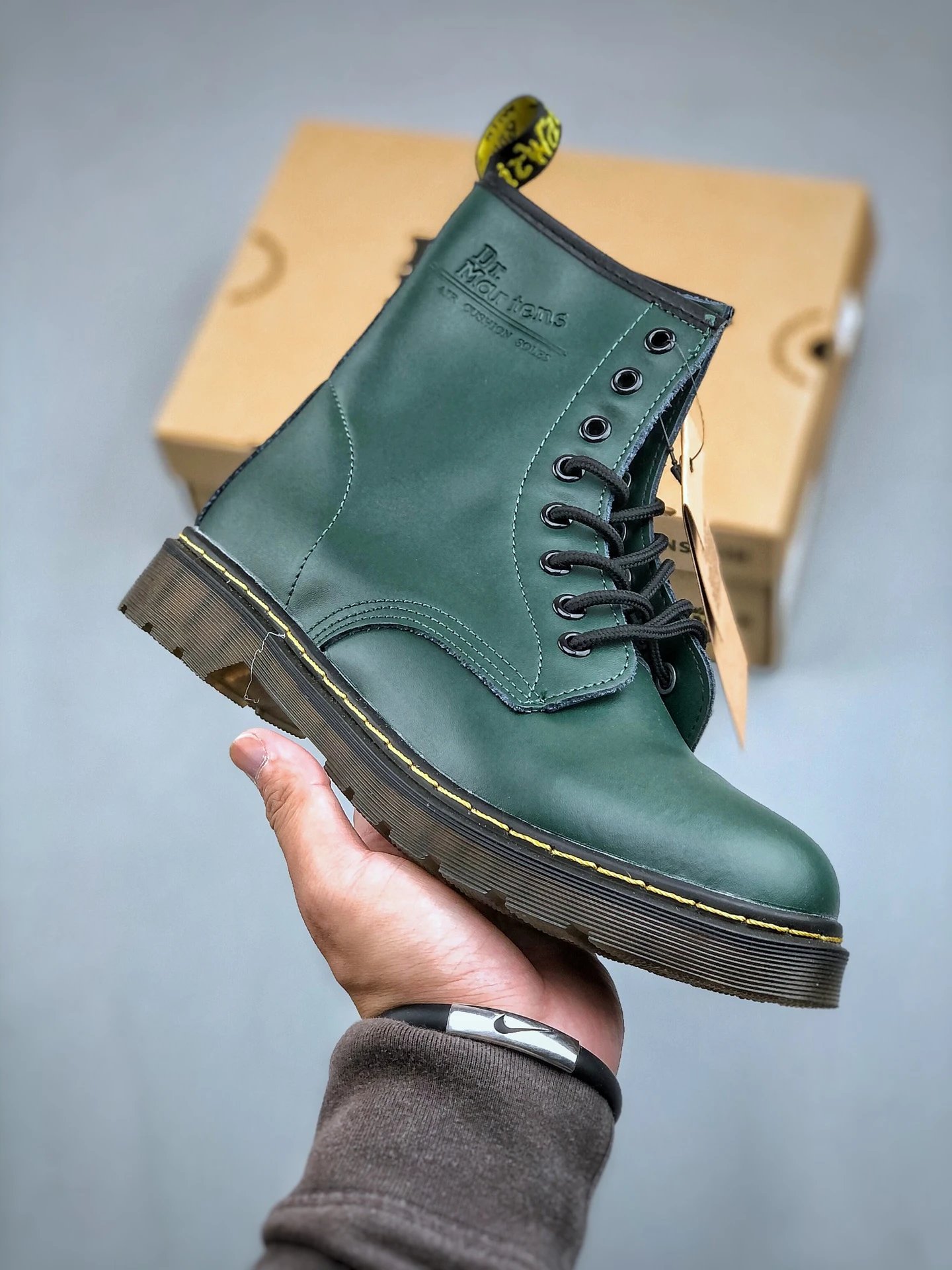 Dr. Martens Boots 8-eye lace-up ankle with yellow welt stitching — 02
