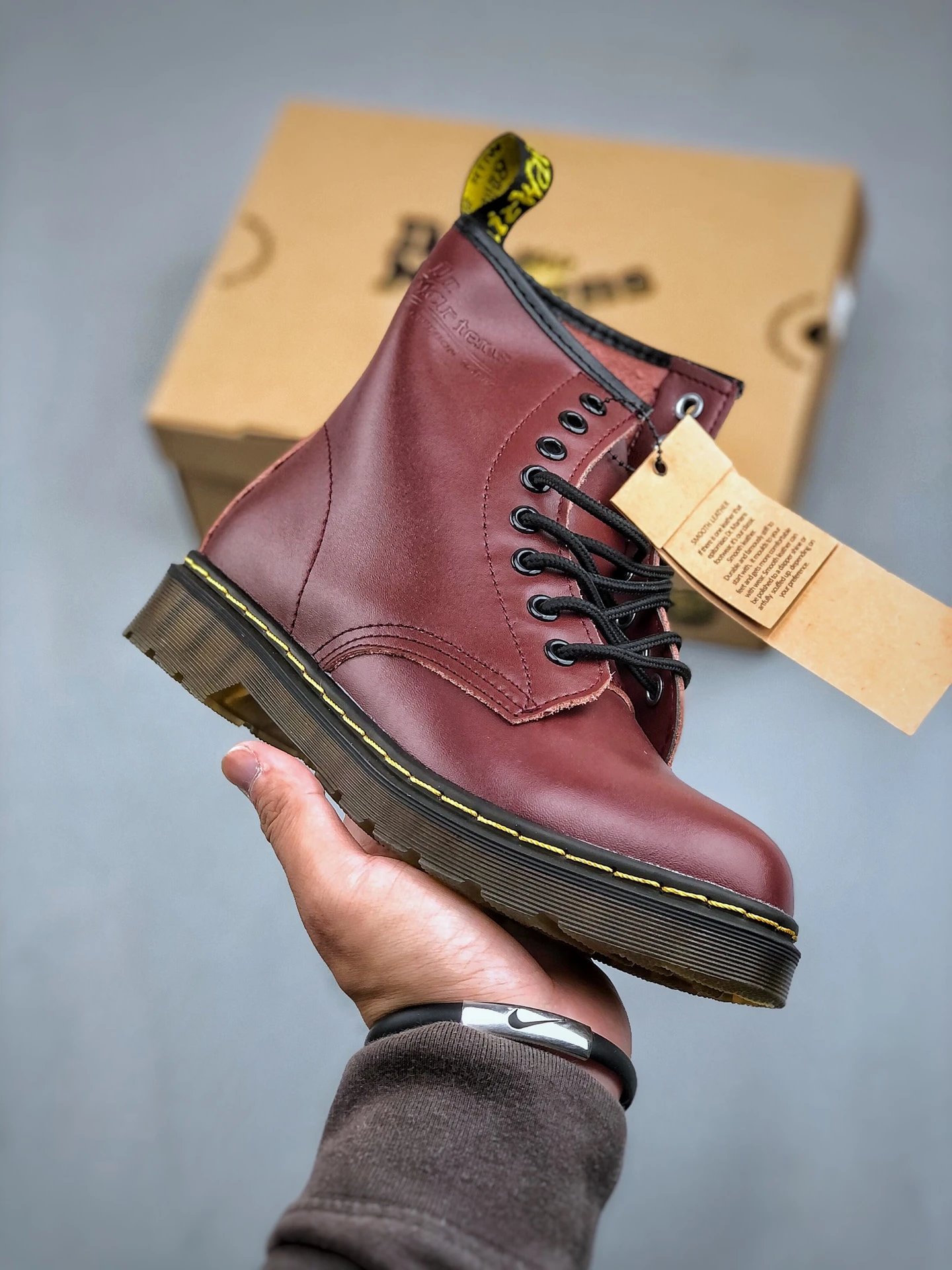 Dr. Martens Boots 8-eye lace-up ankle with yellow welt stitching — 01