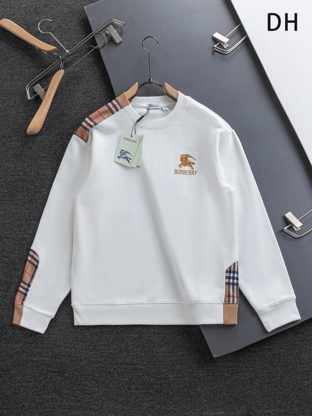 Burberry Hoodies & Sweatshirts Zip-Up Hoodie with Check-Lined Hood and Equestrian Knight Embroidery — 32