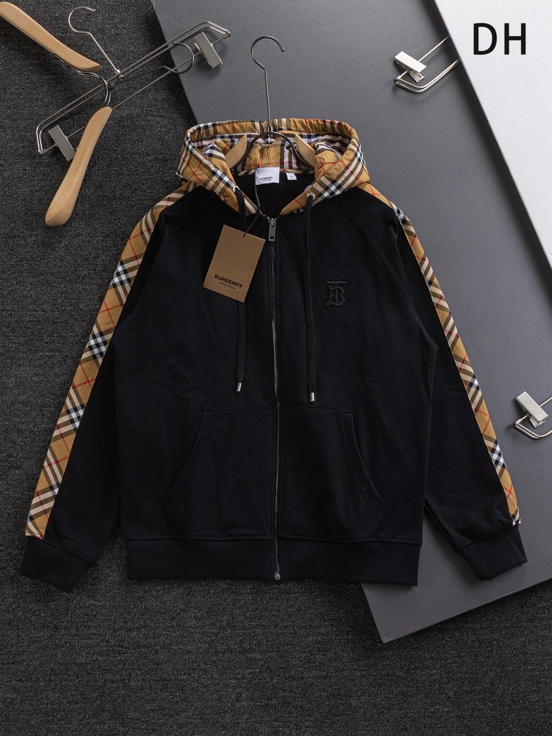 Burberry Hoodies & Sweatshirts Zip-Up Hoodie with Check-Lined Hood and Equestrian Knight Embroidery — 23