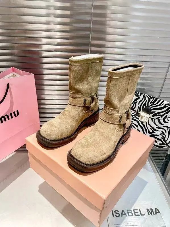 Miu Miu Suede Motorcycle Boots Beige Boots