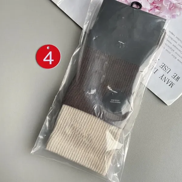 One Sock Two Layers Ribbed Crew Socks Beige/Brown - 1