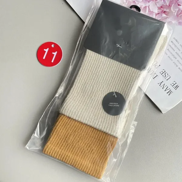 One Sock Two Layers Ribbed Cotton Blend Socks in Beige and Mustard - 1