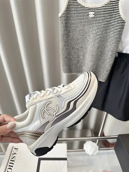Chanel CC Logo Chunky Sneakers White Gold Silver Sneakers - 10