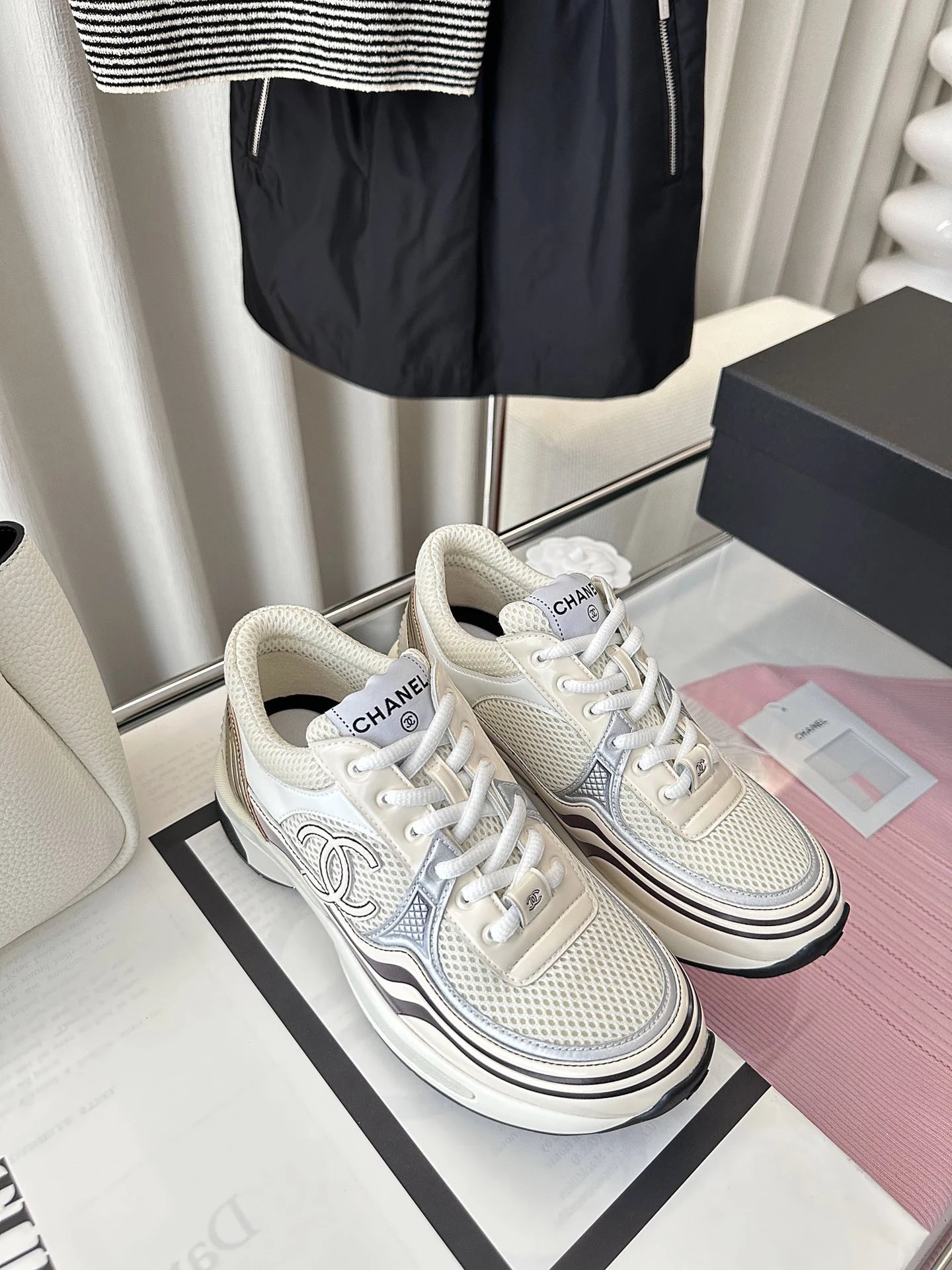 Chanel CC Logo Chunky Sneakers White Gold Silver Sneakers - 15
