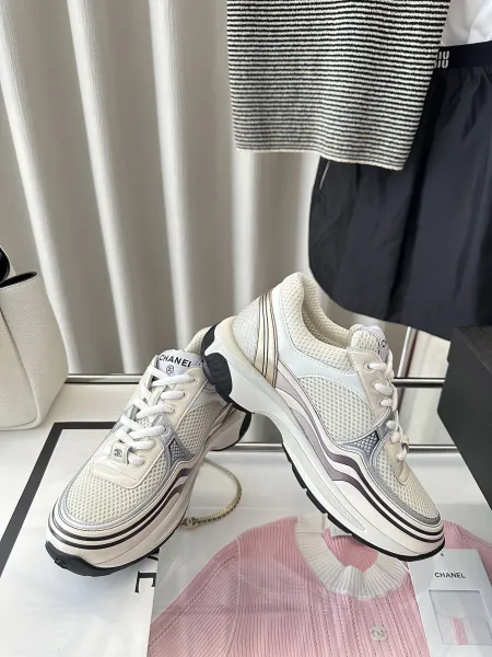 Chanel CC Logo Chunky Sneakers White Gold Silver Sneakers - 14