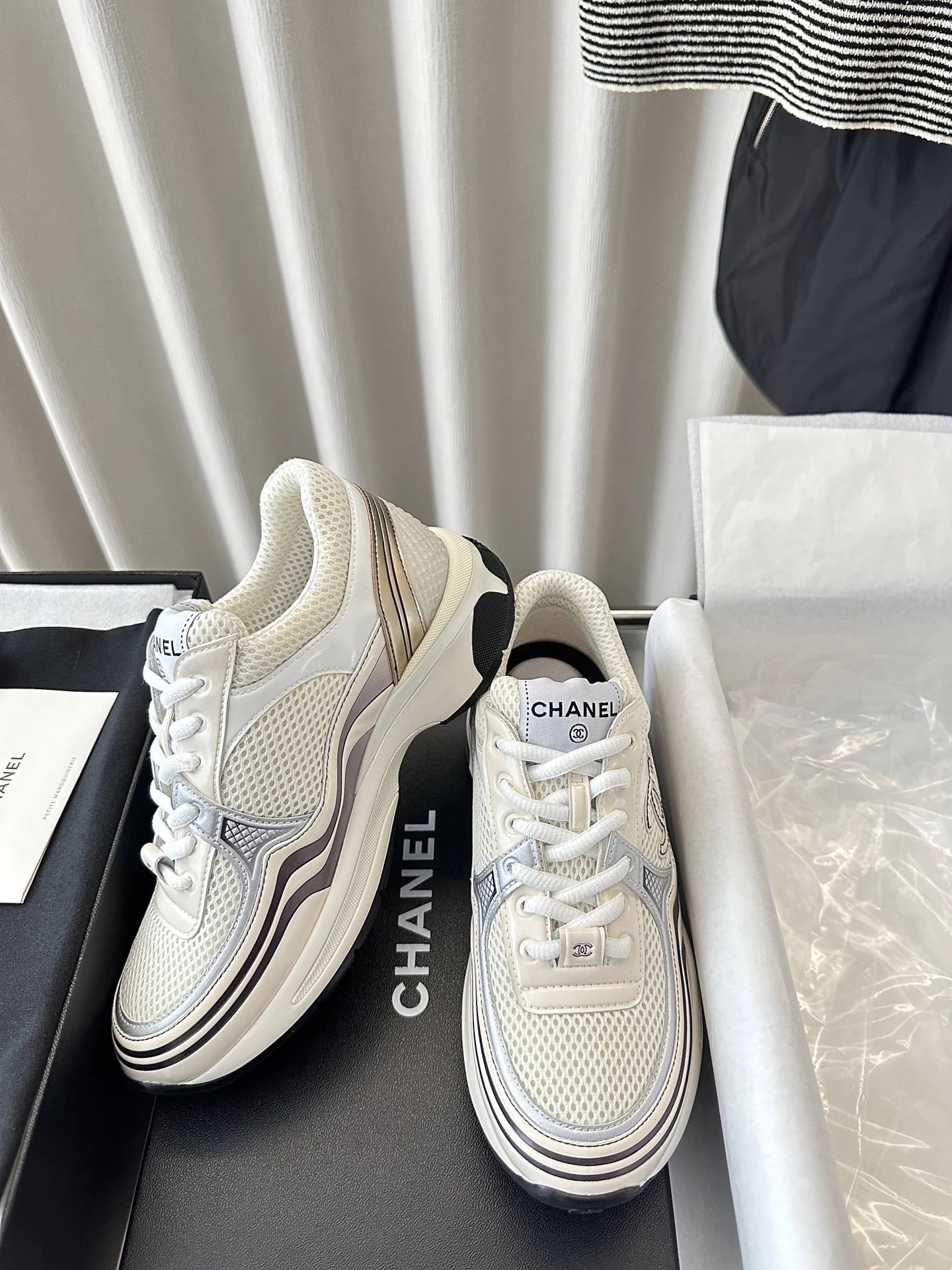 Chanel CC Logo Chunky Sneakers White Gold Silver Sneakers - 7