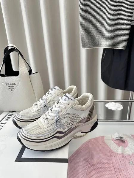 Chanel CC Logo Chunky Sneakers White Gold Silver Sneakers - 12