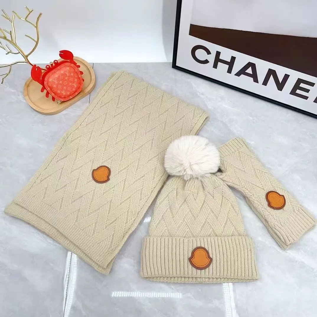 Beige Knit Winter Hat Scarf Set with Pom Pom and Patch - 135520