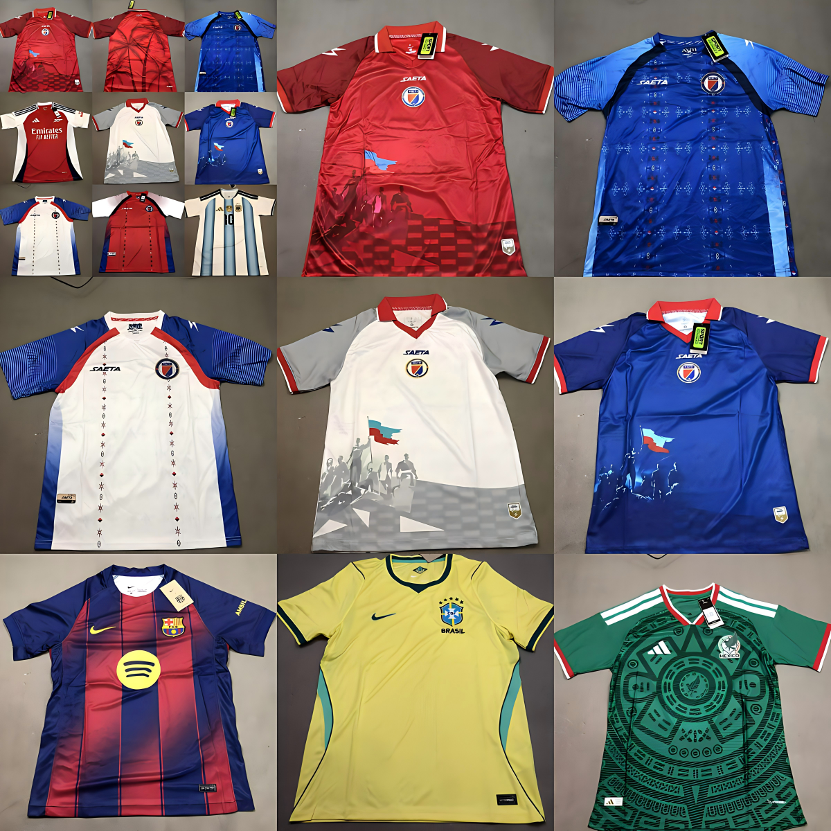 SAETA Red blue white yellow green short-sleeve football jerseys with printed graphics logos and team crests