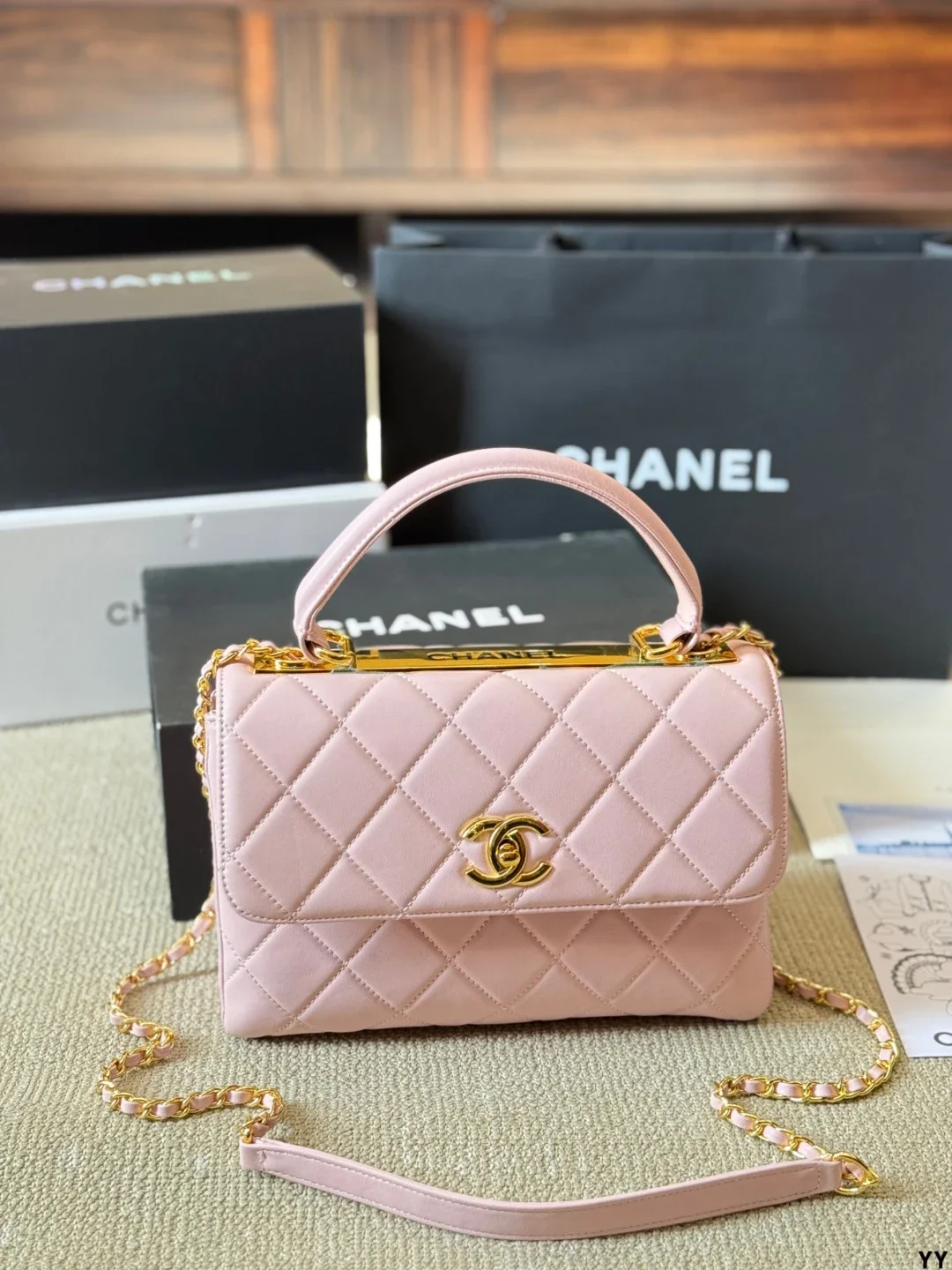 CHANEL Light Pink Quilted Flap Handbag