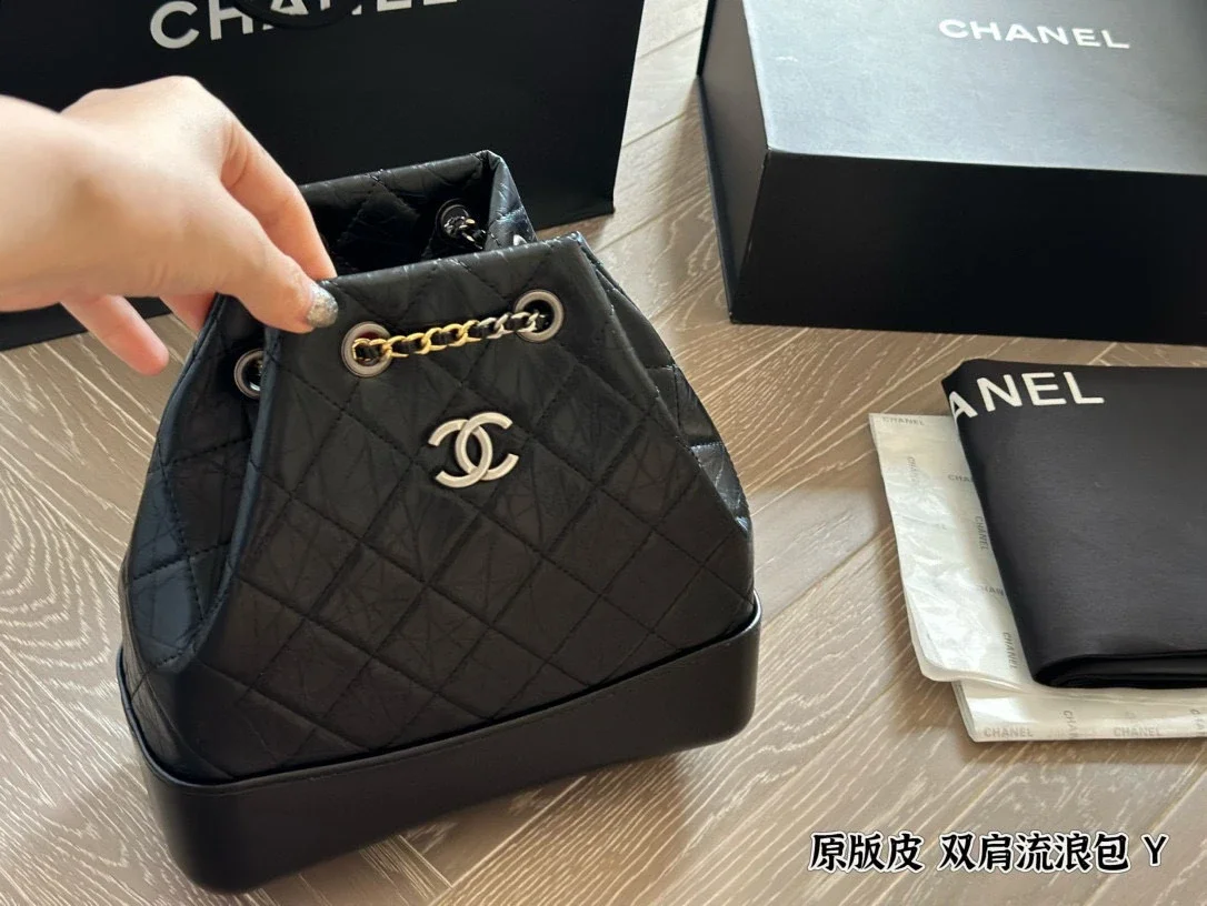 CHANEL Distressed Calfskin Drawstring Bucket Backpack