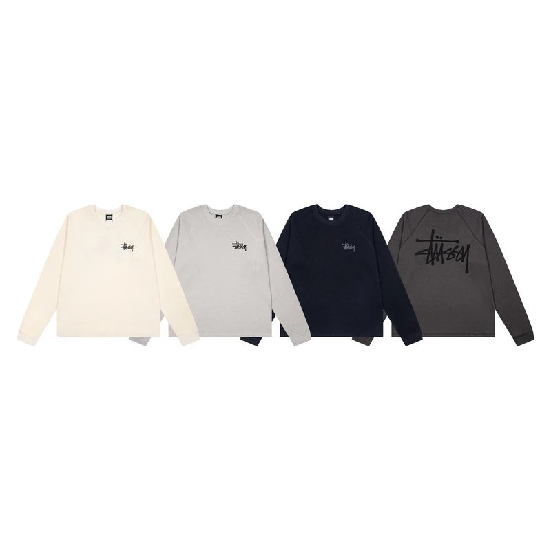 Stus*y 2025 Fall Collection: Logo-Designed Washed Raglan-Sleeve Waffle-Knit Long-Sleeve