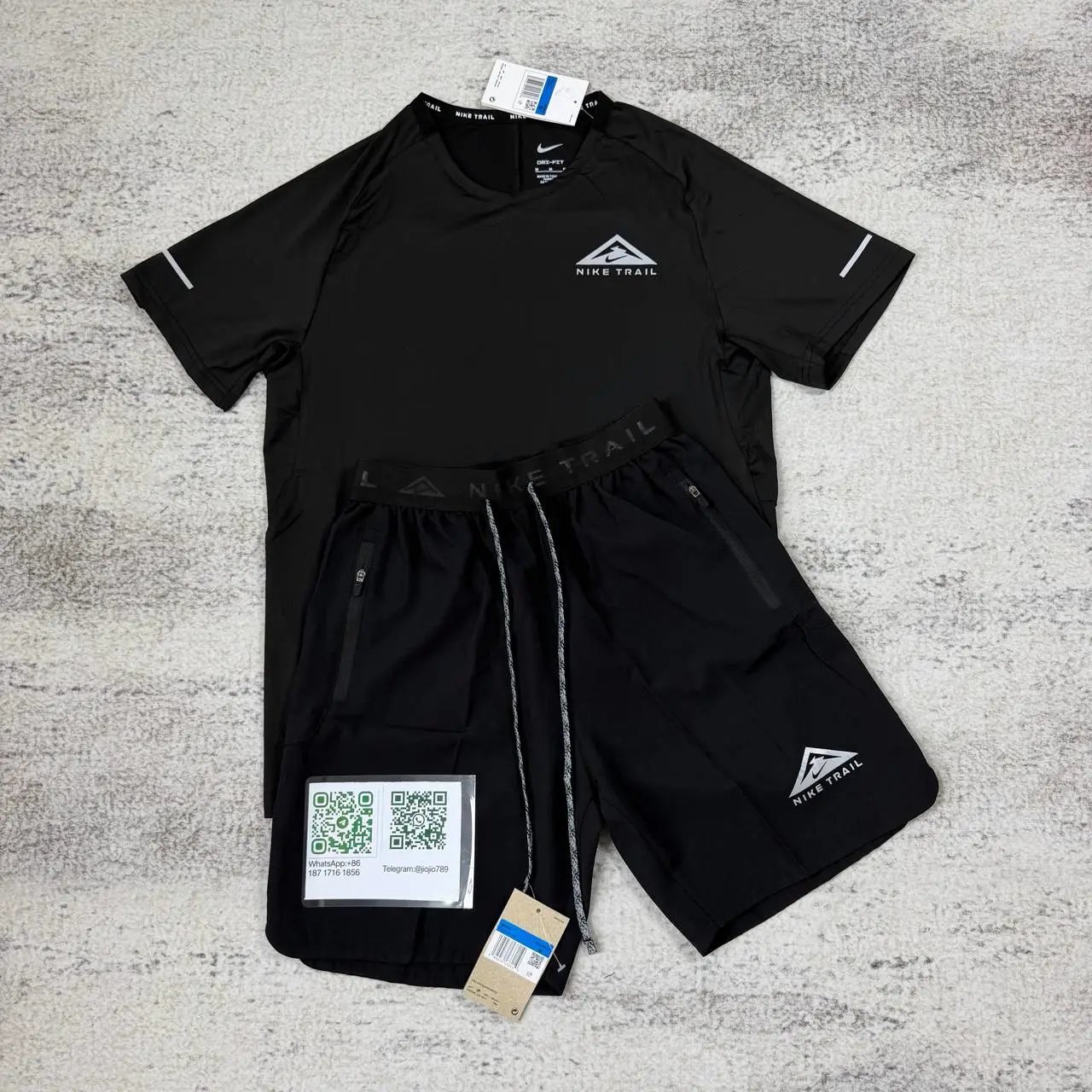 Nike Matching Sets Trail short-sleeve T-shirt and zip-pocket shorts set — 890 black 2019 black