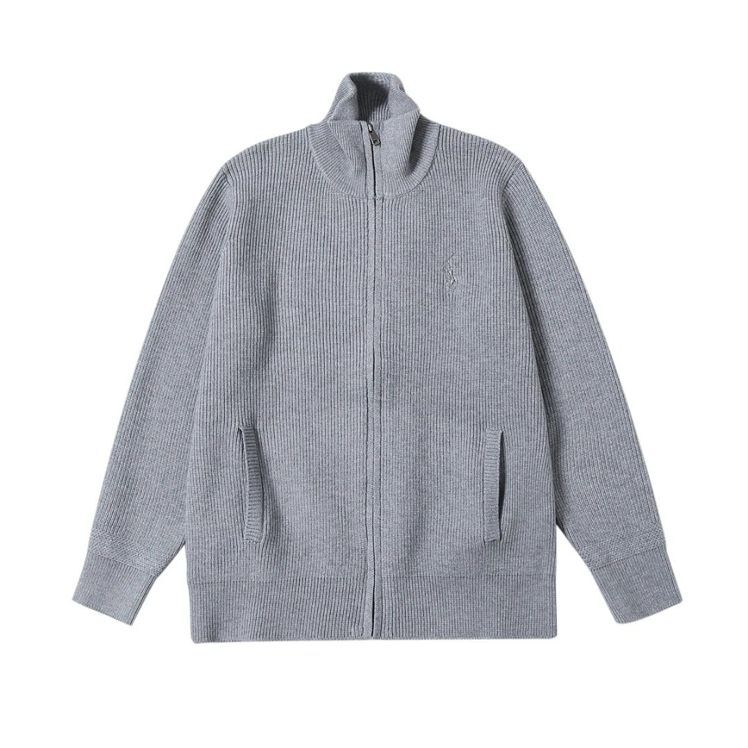 Embroidered Knit Sweater Zip-Up Cardigan | Gray
