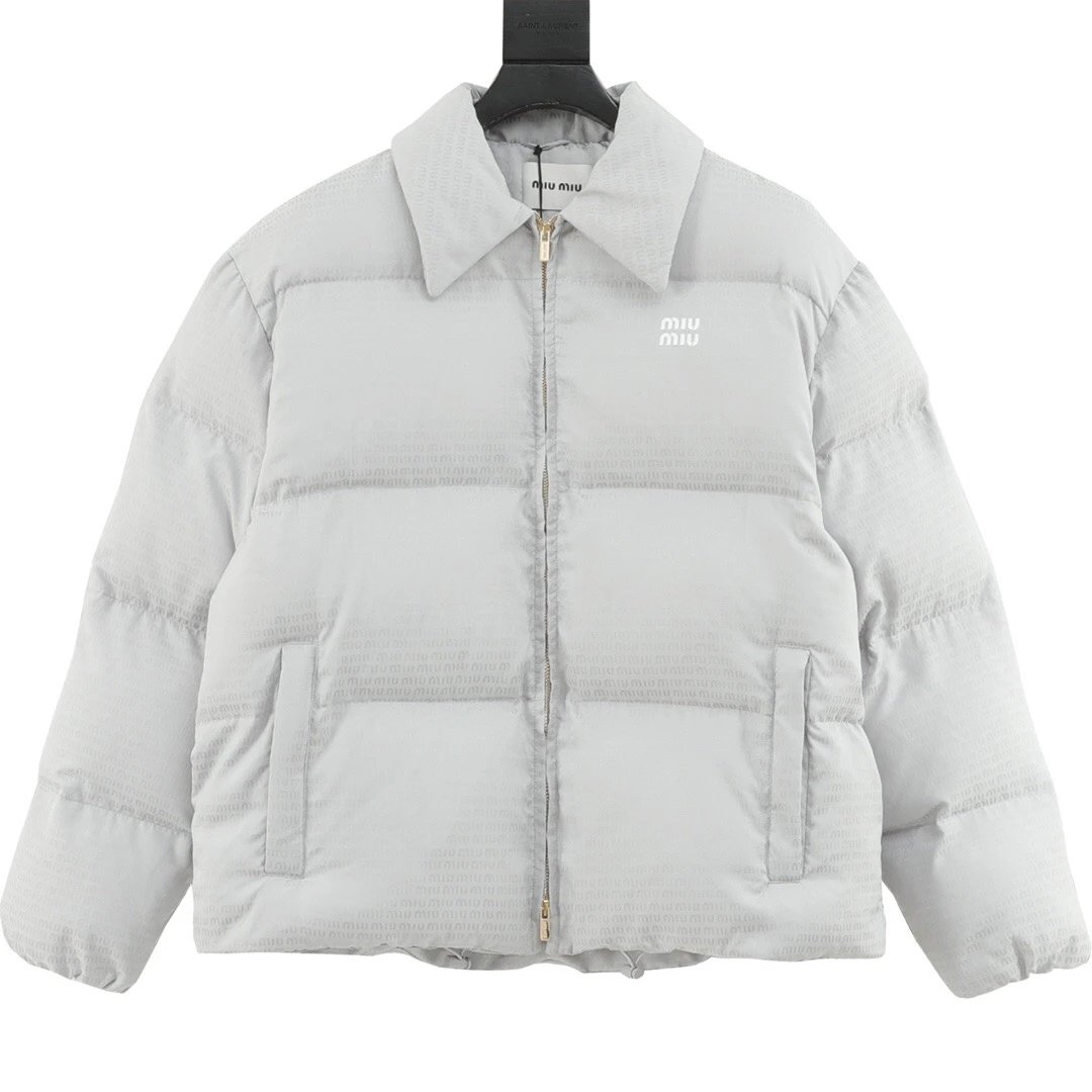 MIU Textured Allover Print Letter Long Sleeve Down Jacket
