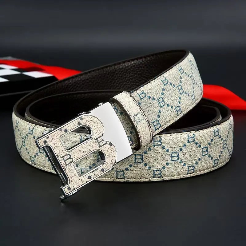 Design B-Logo Pattern Canvas Belt Beige Blue Leather Trim Accessories - 1