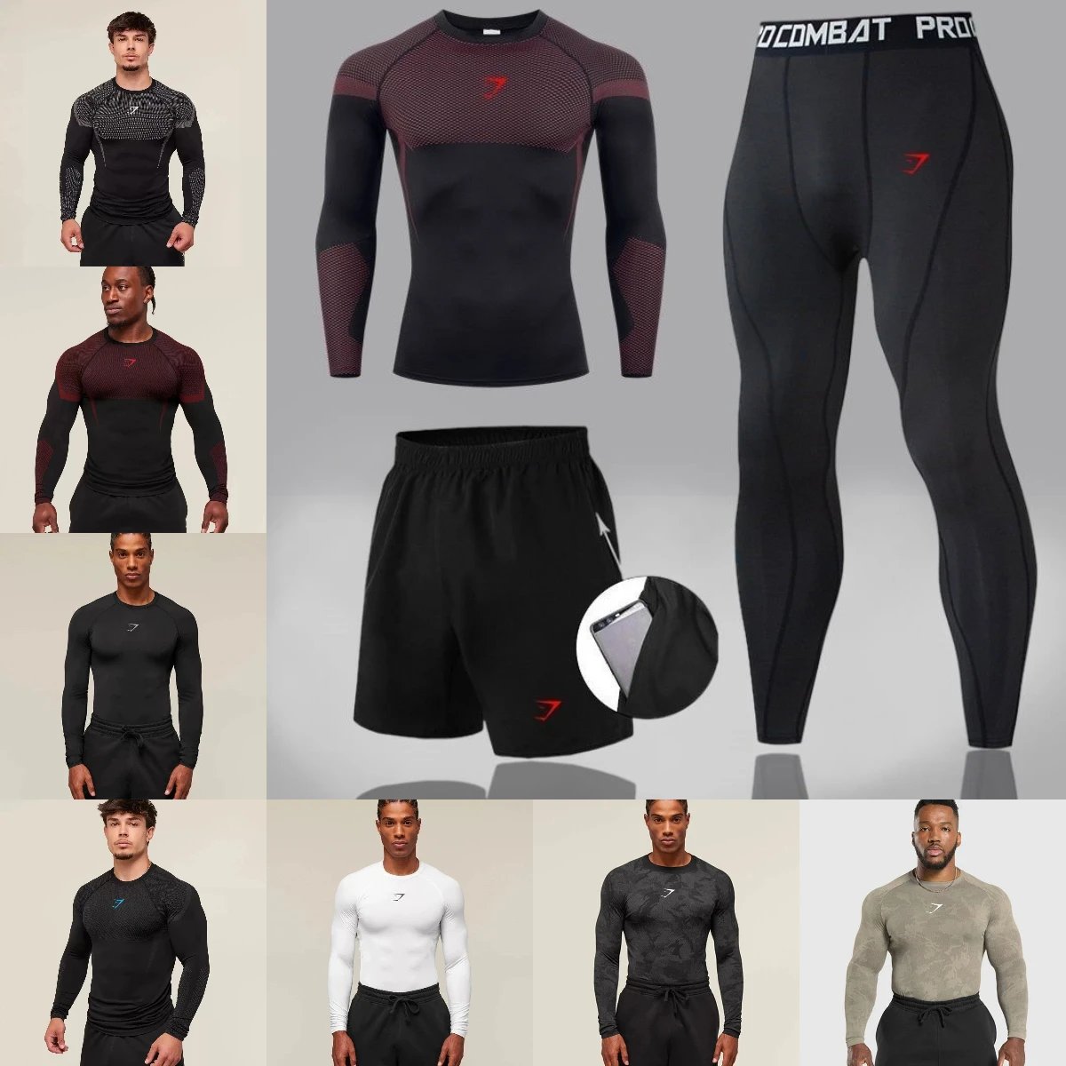 Elastic seamless men's muscle exercise fitness running training suit 02