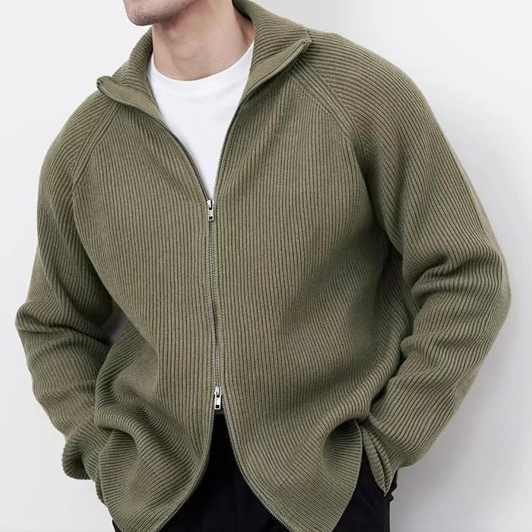 Olive Green Zip-Up Knit Cardigan