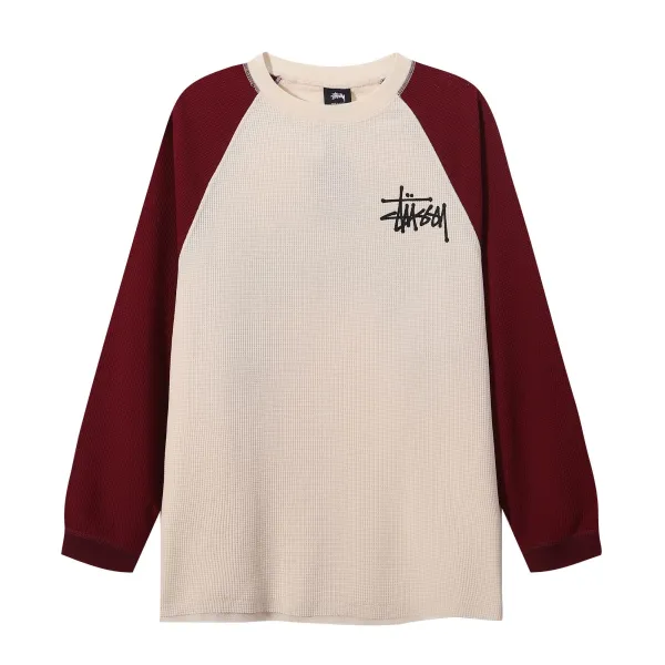 Stussy Waffle Raglan Long Sleeve T-Shirt Beige and Burgundy - 1