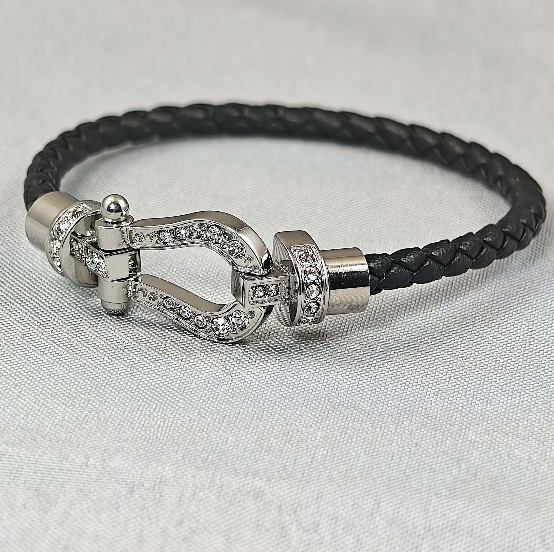 Unbranded Jewelry Braided Cord Bracelet with Crystal-Set Shackle Clasp — BB-026