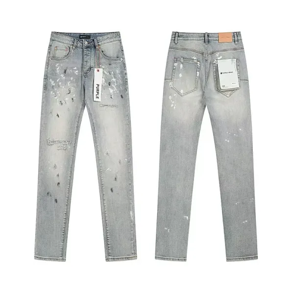 Purple x Heron Preston Distressed Paint-Splatter Light Wash Jeans - 1