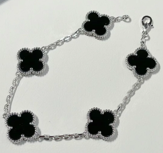 Silver Black Agate Clover Five Flower Bracelet
