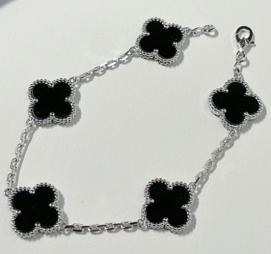 Silver Black Agate Clover Five Flower Bracelet