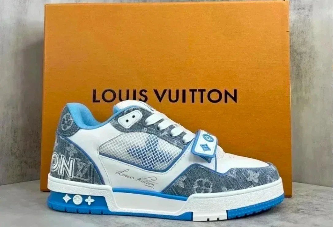 Louis Vuitton Trainer Low Monogram Denim Blue White Sneakers - 1