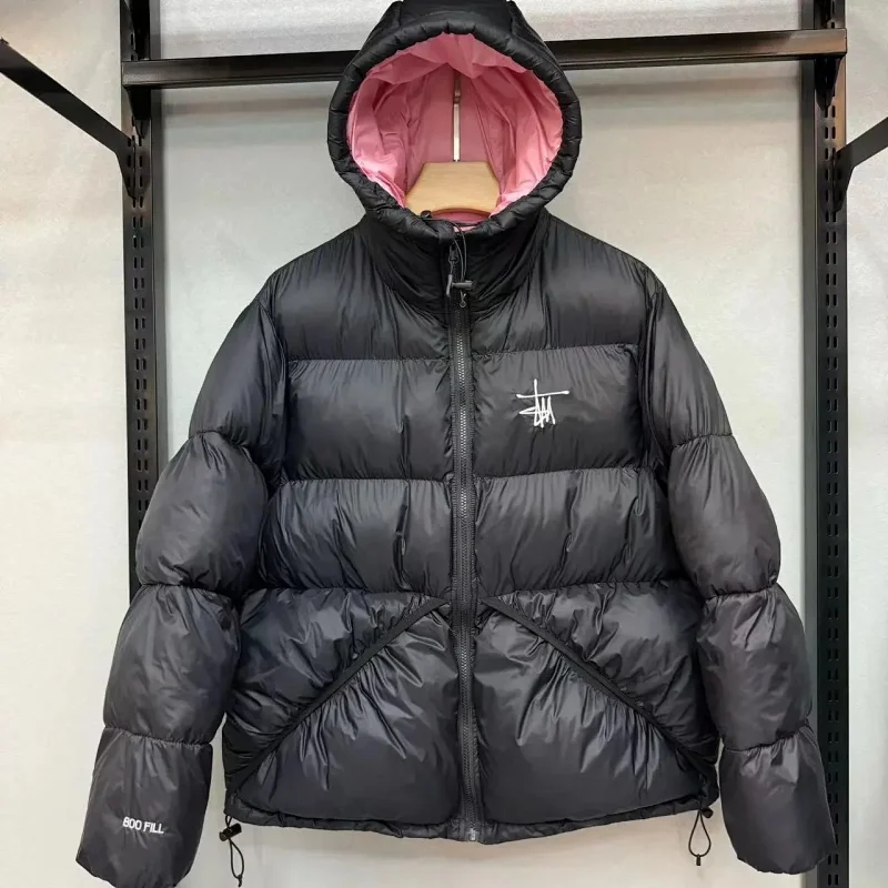 Stüssy Logo Hooded Puffer Jacket — Black