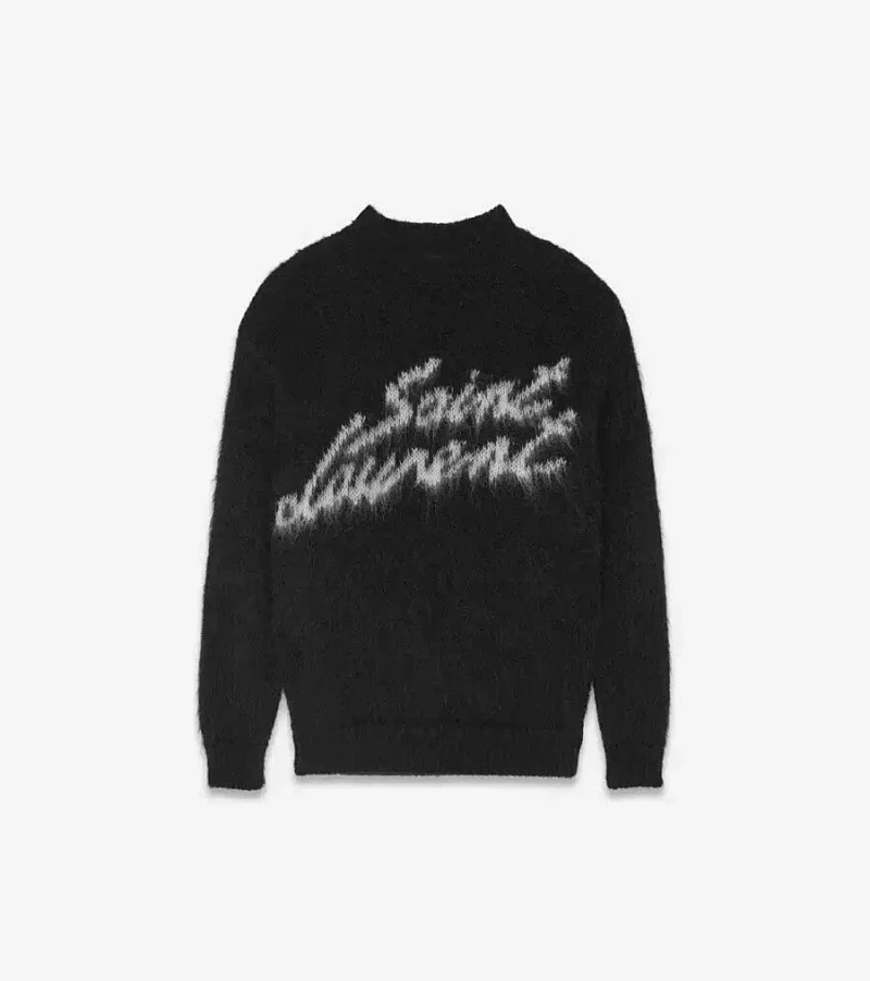 Saint Laurent black fuzzy knit sweater with script logo