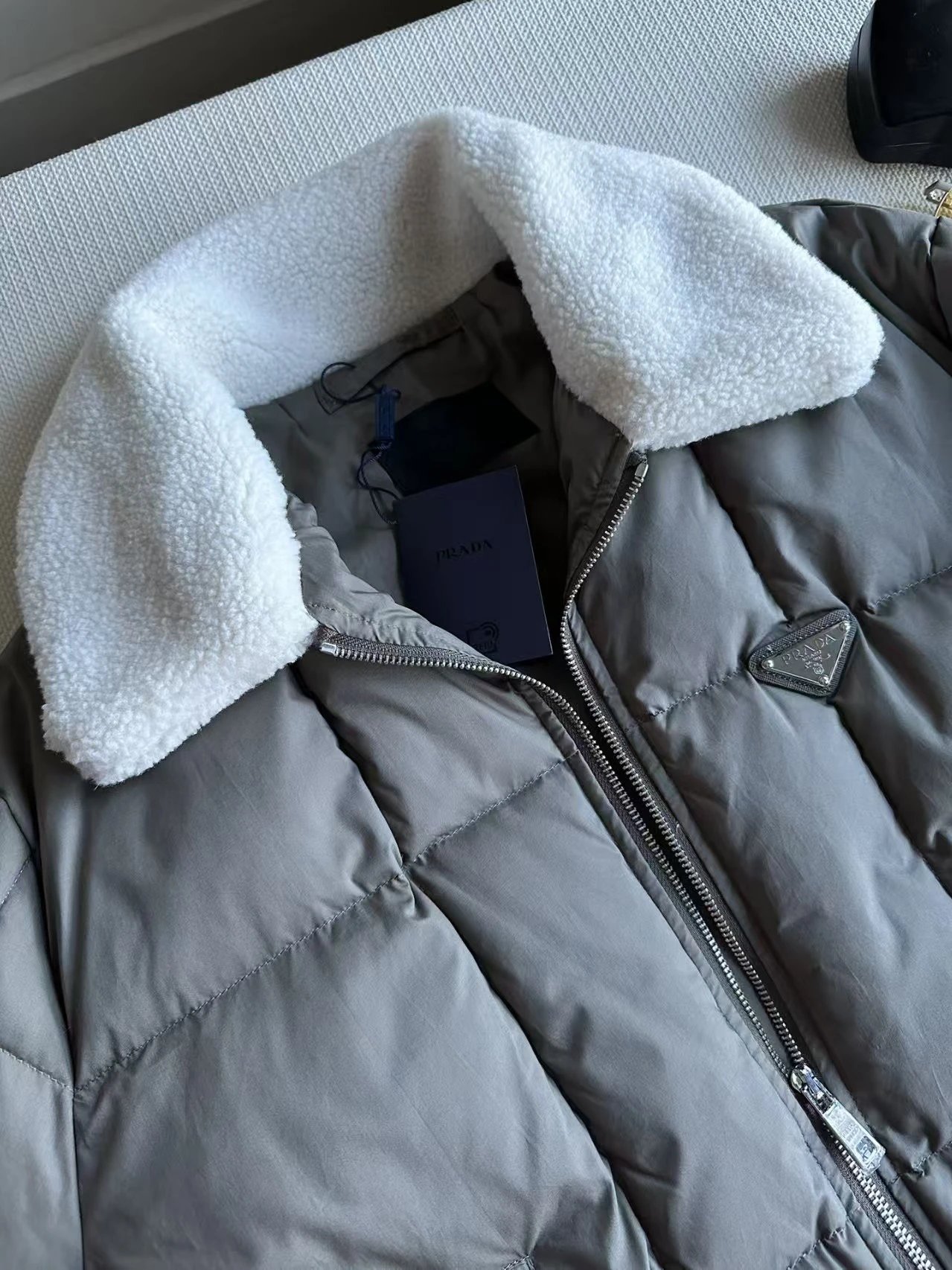 Prada Puffer Jacket Olive Green Shearling Collar Winter Coat